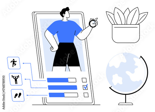 Fitness user standing confident in smartphone interface, activity metrics aligned. Potted plant and globe for balance. Ideal for health, digital tools, progress, productivity, mindfulness, modern