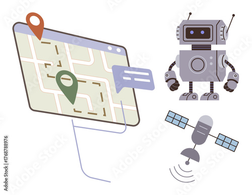 Robot analyzing a digital map with location markers and dialog bubble, supported by satellite for GPS functionality. Ideal for navigation, AI, automation, GPS tracking, robotics, mapping, futuristic