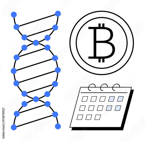 DNA diagram, cryptocurrency Bitcoin icon, and calendar icon illustrating innovation, finance, scheduling, planning, science, technology. Ideal for progress genetics blockchain time management