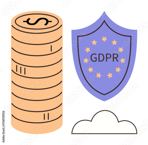 Stack of coins beside GDPR shield with stars and cloud symbolizing data protection, compliance, cloud storage, online safety, digital economy, and financial security. Ideal for tech, finance, law