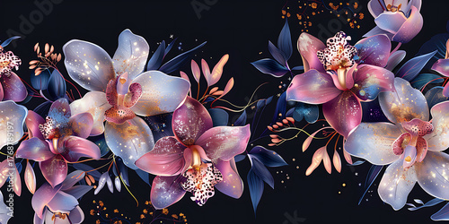 Luxurious floral border with delicate orchids and shimmering accents on a dark background