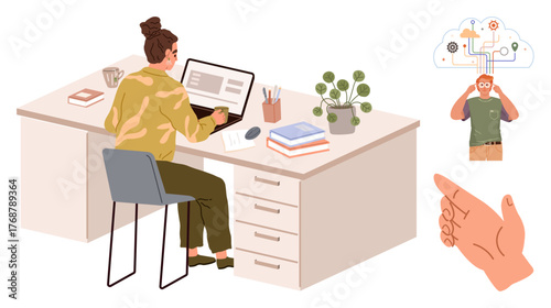 Woman focused on laptop at organized desk with books, plant, and coffee. Cloud connectivity visual connects to a thinking man. Ideal for productivity, remote work, creativity, innovation, ideation