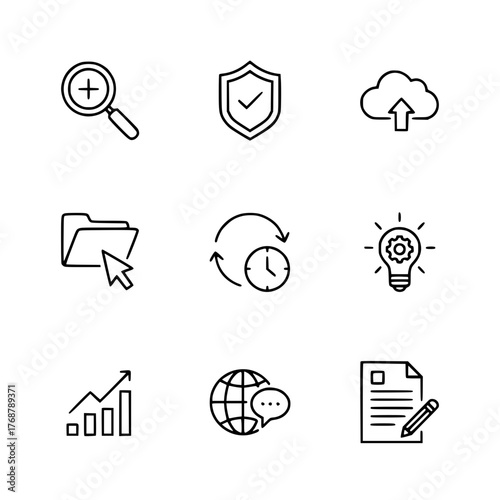 Vector line icon set of nine business, data, and technology symbols, including security, cloud storage, search, analysis, global communication, and file management.