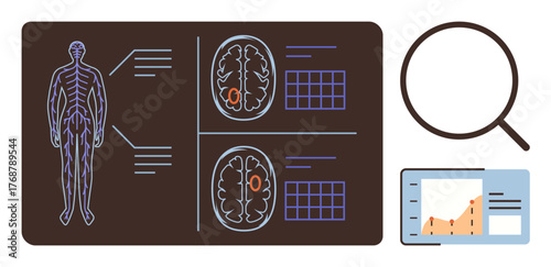 Human nervous system schematic, brain scan imaging with highlighted sections, magnifying glass, and data chart. Ideal for medicine, neuroscience, research, health analytics, diagnostics education