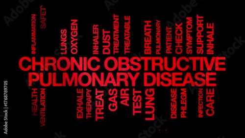 Chronic Obstructive Pulmonary Disease concept Animated Tag Word Cloud kinetic typography, COPD Text Design Animation typography seamless loop video motion graphics Intro, Word Art Looping red type on 