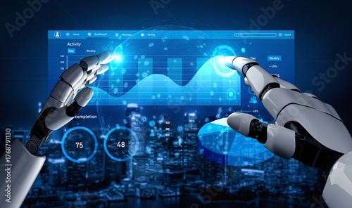 Obraz na plátně A futuristic depiction of robot hands interacting with a digital data interface, symbolizing the integration of technology and business analytics in a modern workspace