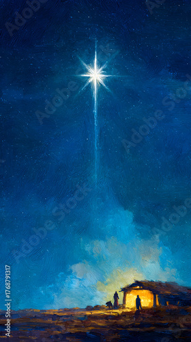 una pintura en acuarela de un nacimiento del niño Dios en un pecebre con la estrella de belen en diciembre celebracion espiritual catolica navideña 