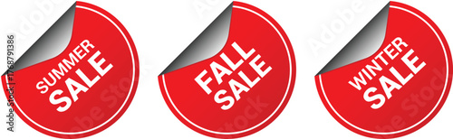 Rounded red sale badges vector set. Seasonal price tags, summer sale tag, fall sale badge, winter sale sticker. Product marketing badges, special offer discount tags isolated