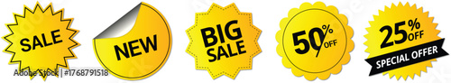 Set of Sale badges. Golden yellow sale quality tags, discount promotional labels. Template banner shopping badges. Special offer, sale, discount, shop, black friday. Vector illustration