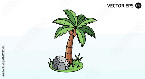 Cartoon palm tree with rock idyllic tropical scene illustration