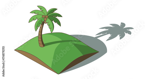 Cartoon tropical island illustration with palm tree and long shadow