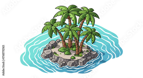 Isolated tropical island with palm trees surrounded by turquoise waters