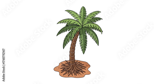 Isolated tropical palm tree with roots in the sand illustration