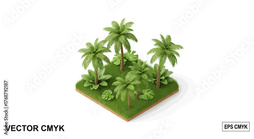 Isometric jungle scene featuring tropical vegetation and sandy earth ground