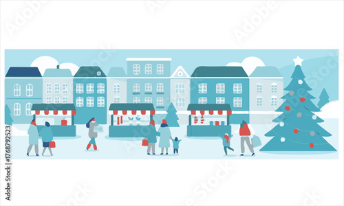 Festive christmas market scene in a snowy town square