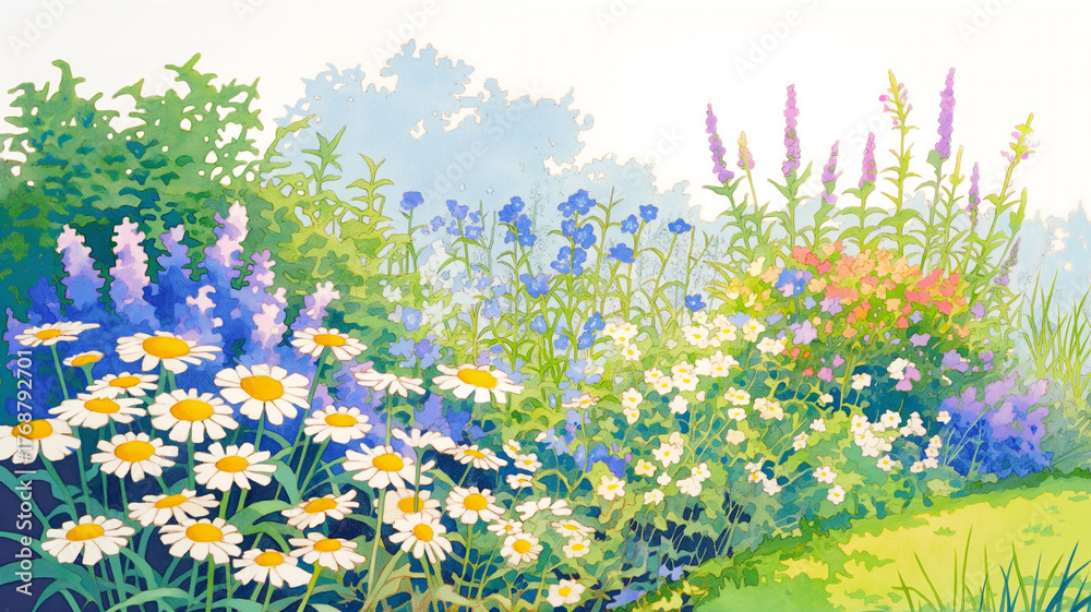 Fototapeta premium 春の陽気と花々が彩るイラスト|新生活など多様な用途にマッチする明るく洗練された素材