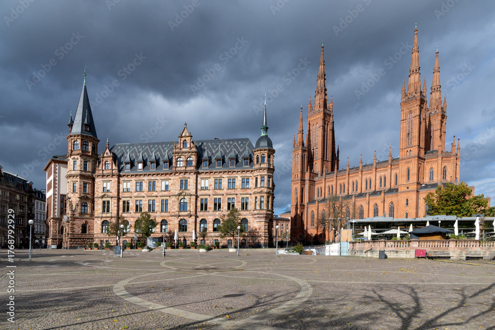 Naklejka premium market square with town hall and famous Marktkirche - market church - in Wiesbaden
