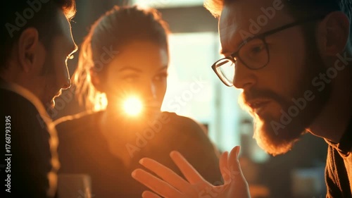Business Colleagues Engaged in Intense Discussion During Backlit Meeting