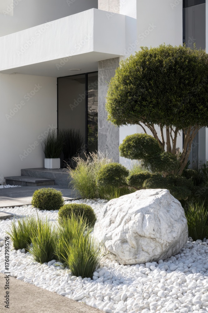Obraz premium Modern garden design features white stones, lush greenery, and carefully shaped shrubs near a minimalist building entrance during daylight