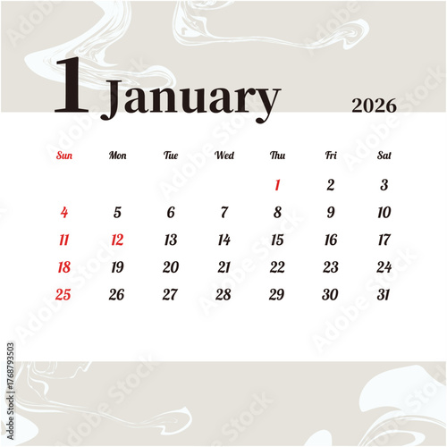 2026年1月の月間カレンダー 日曜始まり マーブル模様デザイン