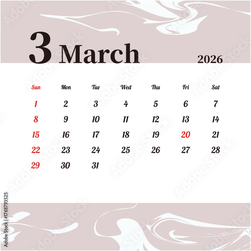 2026年3月の月間カレンダー 日曜始まり マーブル模様デザイン