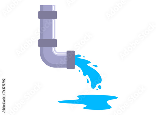 A drainpipe from a house. Water pouring out of the pipe. Flat illustration.