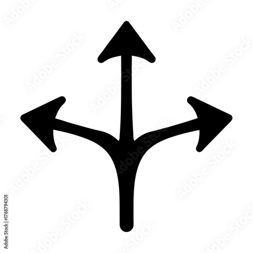 Vector drawing of three arrows pointing in different directions, black shape, white background
