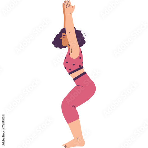 Woman in pink athletic wear performing chair pose for yoga with arms extended overhead and a transparent background for fitness and wellness