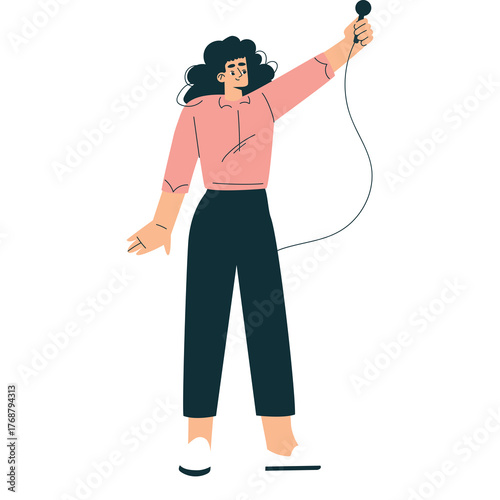 Woman In Pink Shirt And Dark Pants Holding Microphone With A Transparent Background