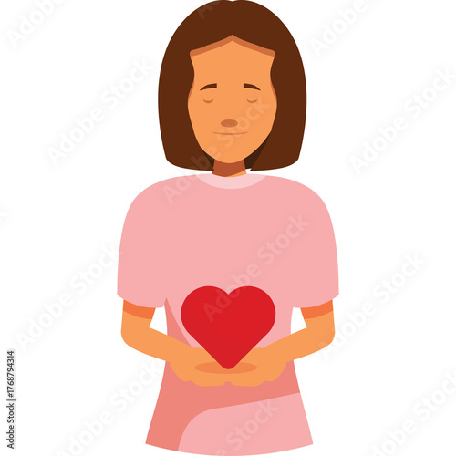 Woman in pink shirt holding red heart with eyes closed and serene expression with transparent background ideal for health and love themes