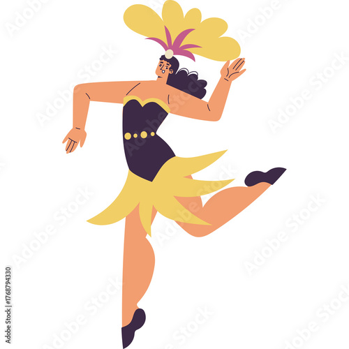 Woman In Purple And Yellow Outfit With Feathered Headpiece Dancing Energetically And Expressing Joy With Dynamic Pose Against White Background