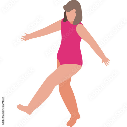Woman in pink swimsuit kicking legs with arms outstretched in joyful dance on transparent background