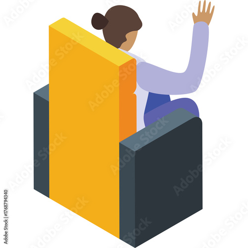 Woman in Purple Blouse and Blue Pants Waving Hand While Sitting in Yellow and Gray Armchair Isometric View