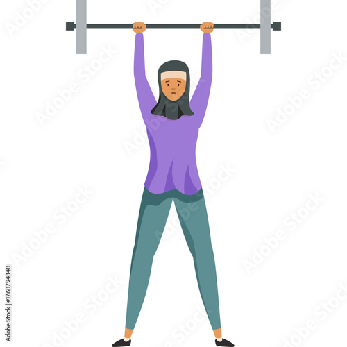 Woman In Purple Shirt And Teal Pants Lifting Barbell Overhead In Fitness Activity And Healthy Lifestyle Concept Isolated On White Background