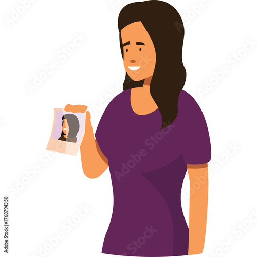 Woman in purple shirt smiling and holding a small portrait of herself in a flat design illustration with a transparent background