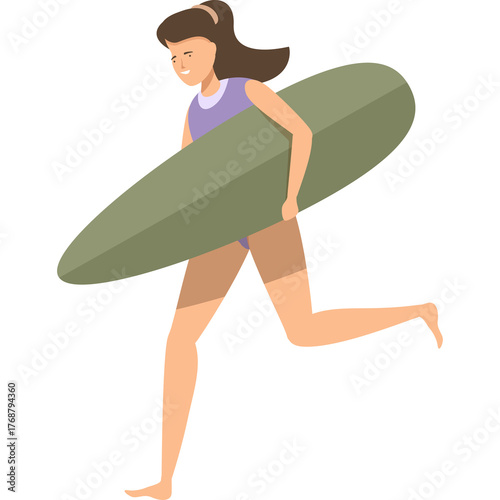 Woman In Purple Swimsuit Running With A Green Surfboard On A Transparent Background Vector Art