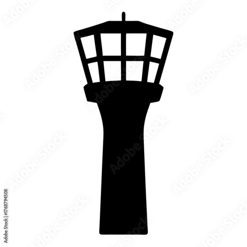 Silhouette of a classic air traffic control tower with multiple windows