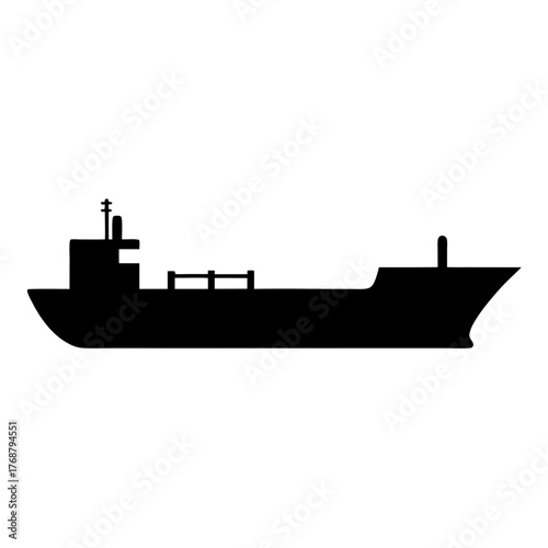 Monochromatic silhouette depicting a commercial vessel set against a plain white backdrop