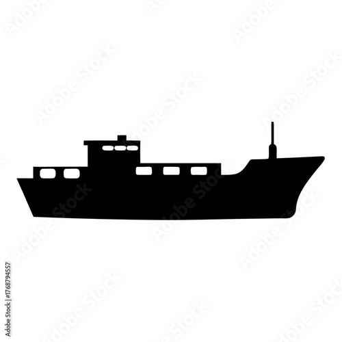 Black silhouette of a cargo ship or freighter with clear window details