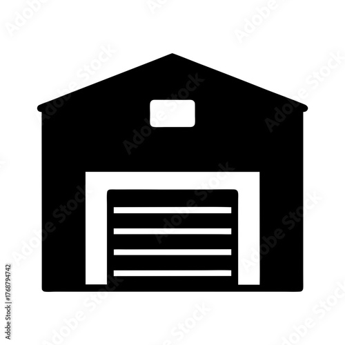 Black and white illustration of a stylized garage with a closed door