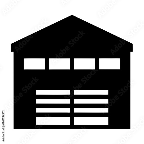 Black and white stylized warehouse building graphic with flat vector design