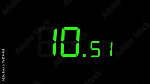 15.00 seconds digital countdown timer with large seconds and small milliseconds. Matte green digits on black background. Stopwatch-style timer for sports, games, and more.
