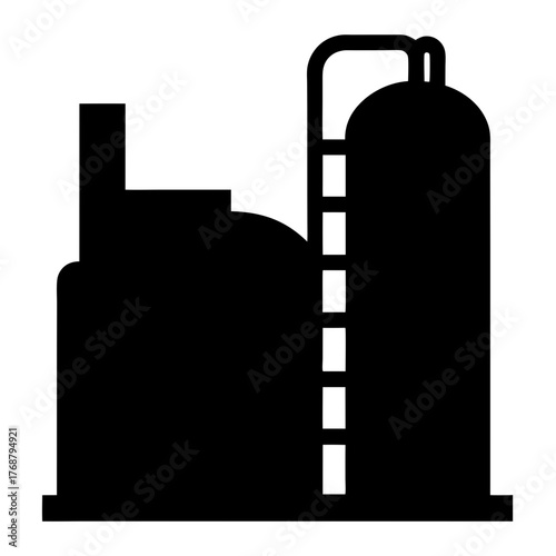 Stylized black silhouette of an industrial facility with storage tanks and pipework