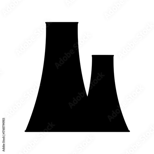 Black silhouette of two cooling towers against a bright white background