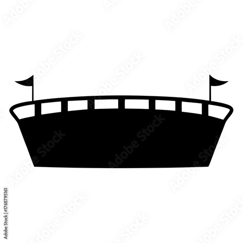 Cartoon Ship Silhouette with Flags Above Deck Railing, Nautical and Travel Theme