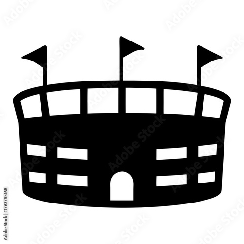 Simplified Silhouette of a Three Flag Sports Stadium with Arched Entrance