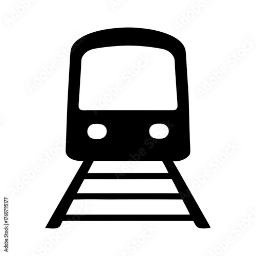 Minimalist Black and White Subway Train Icon with Railroad Tracks Isolated