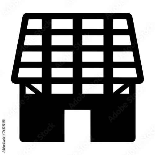 Black and White Icon Depicting a Timber Framed Building with Exposed Beams