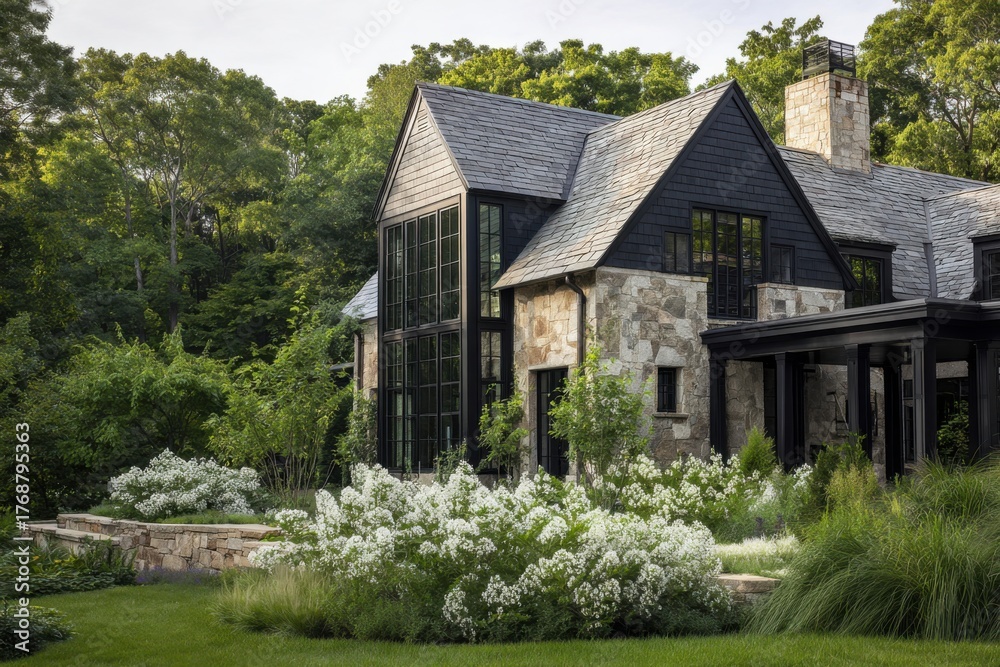 Obraz premium A contemporary country house is nestled amidst vibrant greenery and colorful blooming flowers, creating a tranquil escape in a picturesque landscape during the serene late afternoon hours