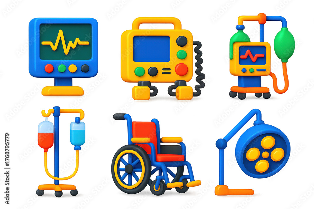 Fototapeta premium Bright 3D Hospital Icons. 3D icon set of hospital equipment: heart monitor, defibrillator, ventilator, IV stand, wheelchair,